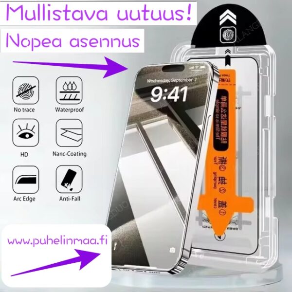 Puhelimen panssarilasi asennuskehikolla